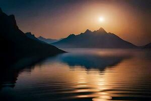 the sun rises over a mountain range and the water is calm. AI-Generated photo