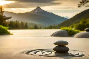 un zen jardín en el montañas. generado por ai foto