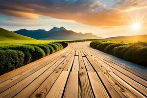 a wooden path leads to the mountains at sunset. AI-Generated photo