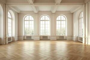 Empty room interior with wooden floor with light and soft skylight from window. Ai Generative photo