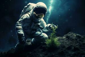 Astronaut plants seedlings of plants on the soil of another planet. AI generative photo