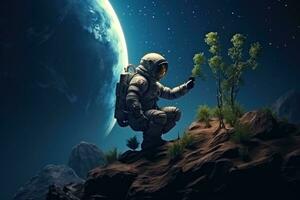 astronauta plantas plántulas de plantas en el suelo de otro planeta. ai generativo foto