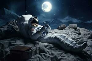 Astronaut lying down on bed with head resting. watching . Generative AI . photo