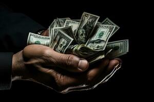 Businessman hands holding a lots of money as financial investor. Generative AI photo