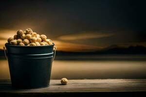 un Cubeta de nueces en un de madera mesa con un puesta de sol en el antecedentes. generado por ai foto