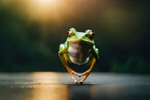 a frog is standing on its hind legs with its eyes closed. AI-Generated photo