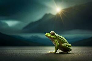 a frog sitting on the ground in front of a mountain. AI-Generated photo