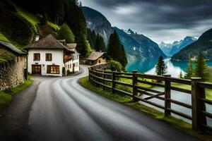 un la carretera con un casa en el lado de él. generado por ai foto