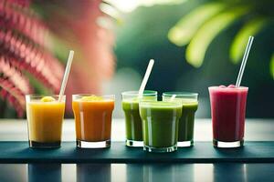 five different types of smoothies in glasses. AI-Generated photo