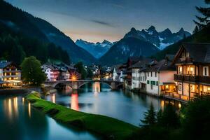 photo wallpaper mountains, the night, the river, the town, the bridge, the mountains,. AI-Generated