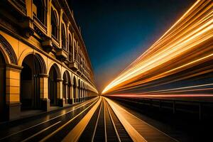 a long exposure photograph of a train going through a city. AI-Generated photo