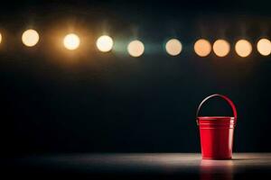 a red bucket on a table in front of a spotlight. AI-Generated photo