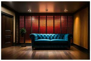 un azul sofá en un habitación con un rojo pared. generado por ai foto