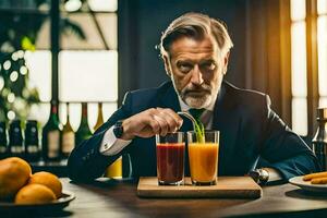 a man in a suit is holding a glass of juice. AI-Generated photo