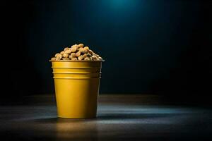 a yellow cup filled with peanuts on a dark background. AI-Generated photo