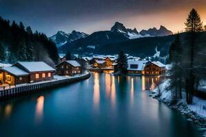 un río y un montaña pueblo a puesta de sol. generado por ai foto