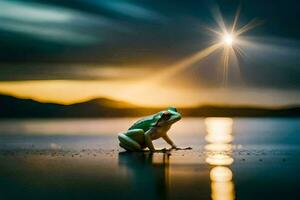 a frog sitting on the beach at sunset. AI-Generated photo