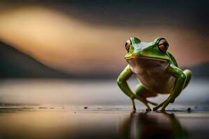 un rana es en pie en el agua con un puesta de sol en el antecedentes. generado por ai foto