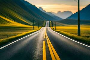 un largo vacío la carretera en el medio de un campo. generado por ai foto