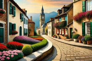 a street with flowers and buildings in the background. AI-Generated photo
