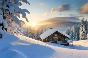 a cabin in the snow with trees and snow. AI-Generated photo