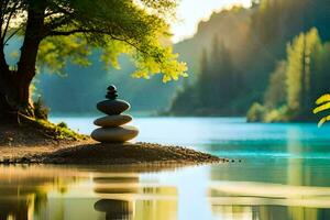 a stack of stones sits on the shore of a lake. AI-Generated photo