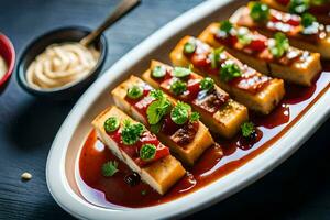 a plate of tofu with sauce and garnish. AI-Generated photo