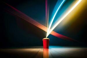 a red cup with a light shining from it. AI-Generated photo