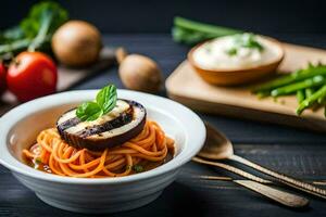 spaghetti with eggplant and tomatoes. AI-Generated photo