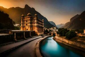 the sun sets over a river in front of a building. AI-Generated photo