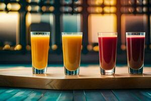 four glasses of juice on a wooden tray. AI-Generated photo