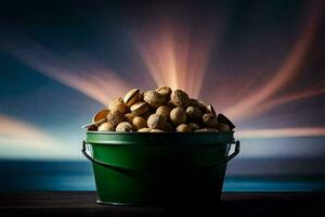 a bucket full of peanuts on a table. AI-Generated photo