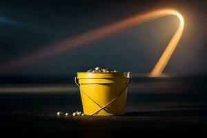 a yellow bucket with some gold balls in it. AI-Generated photo