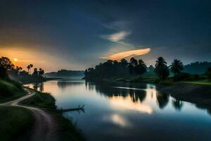 a river at sunset with trees and grass. AI-Generated photo