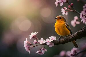 a bird sits on a branch with pink flowers. AI-Generated photo