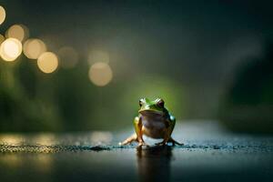 a frog sitting on the ground in the rain. AI-Generated photo