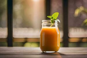 a glass jar with orange juice on a wooden table. AI-Generated photo