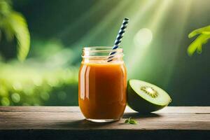 a glass of orange juice with a straw and kiwi on a wooden table. AI-Generated photo