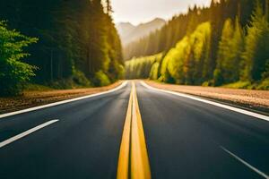 un largo vacío la carretera en el bosque. generado por ai foto