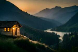 un pequeño cabina se sienta en el borde de un montaña a puesta de sol. generado por ai foto