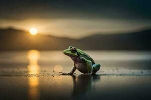 a frog sitting on the beach at sunset. AI-Generated photo