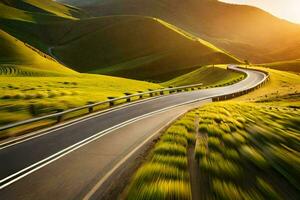 a winding road in the mountains with the sun setting. AI-Generated photo