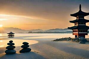 un pagoda se sienta en el playa a amanecer. generado por ai foto