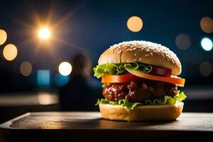 a hamburger sitting on a wooden table with lights in the background. AI-Generated photo
