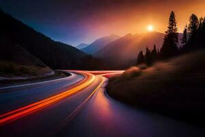 a long exposure photograph of a road with a sunset in the background. AI-Generated photo