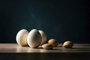 eggs on a table with smoke coming out of them. AI-Generated photo