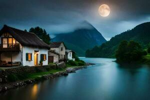 a house sits on the edge of a river with a full moon. AI-Generated photo