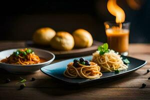 espaguetis y albóndigas en un plato con un vaso de vino. generado por ai foto