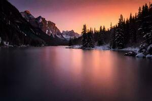 un hermosa puesta de sol terminado un lago en el montañas. generado por ai foto