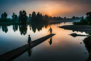 dos personas caminar a través de un río a puesta de sol. generado por ai foto